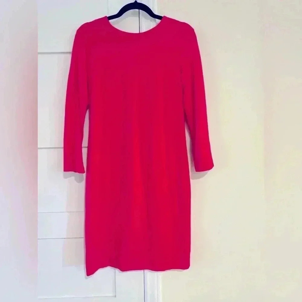 Ann Taylor Hot Pink Shift Dress 3/4 Sleeve with Gold Exposed Zipper Size 4 NWOT